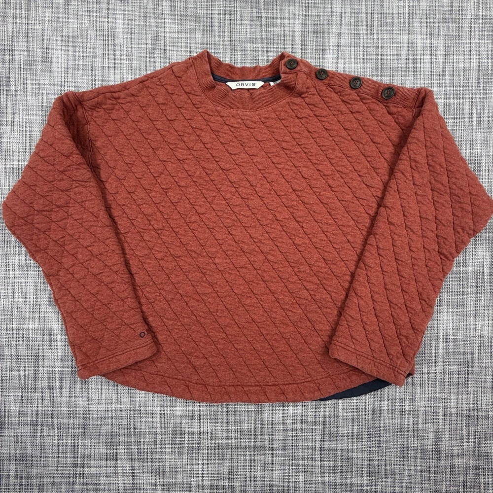 Orvis Womens Small Rust Orange Quilted Cotton Crewneck Shoulder Button Pullover